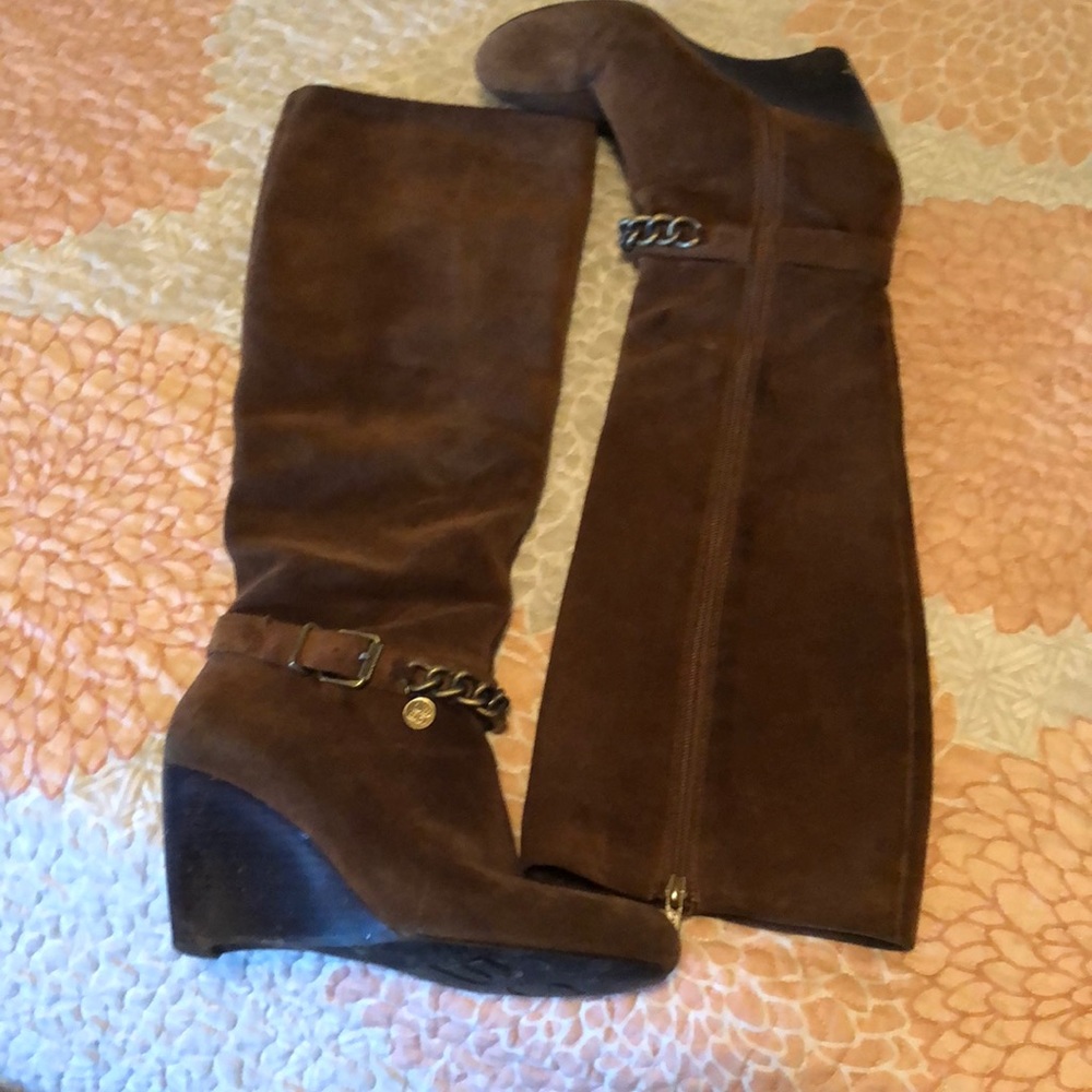 BCBG suede wedge knee high boots